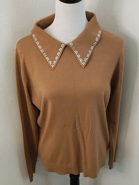 Milano beautiful tan long sleeve sweater with rhinestone detailing